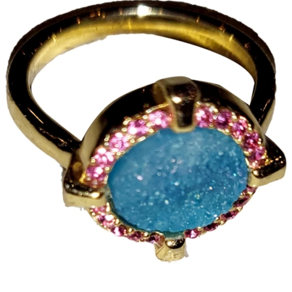 A gold-plated brass ring adorned with colorful semiprecious stones. - Picture 1 of 11